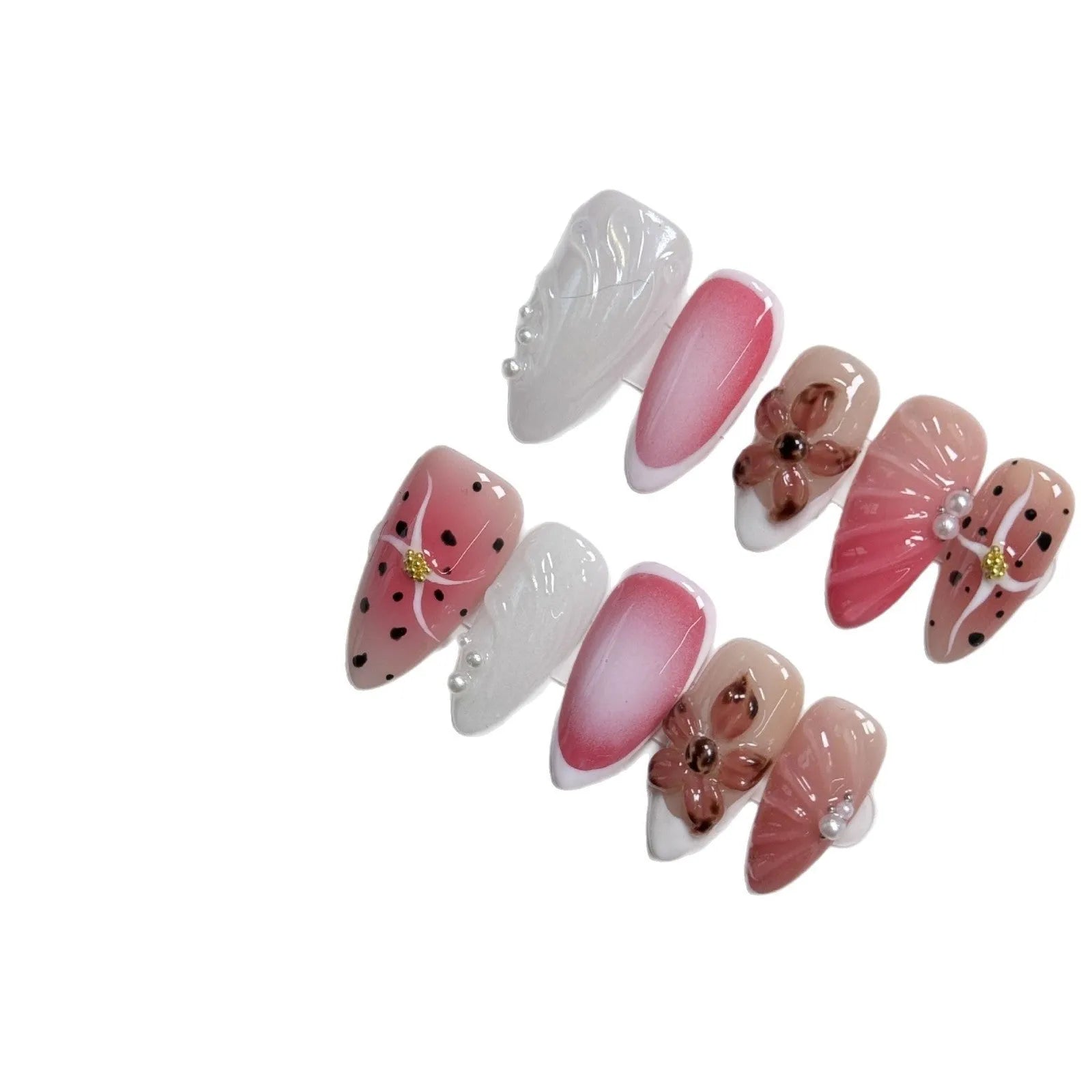 False nail beauty patches with hand-painted 3D carved candy embossed patterns in almond shape