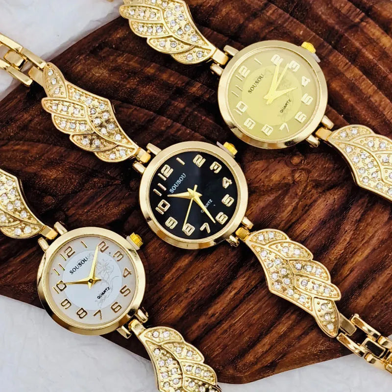 Women's stainless steel watch with round dial showing gold surface, 9mm thickness, and vachette clasp buckle