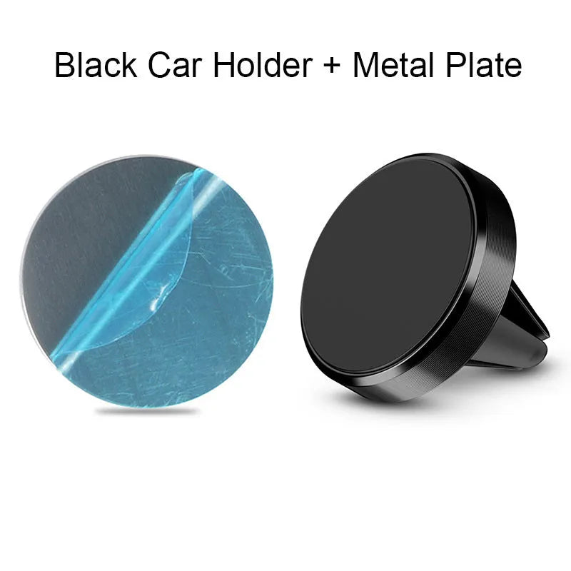 Black magnetic car phone holder with flexible arm mounted on a car air vent.