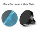 Black magnetic car phone holder with flexible arm mounted on a car air vent.