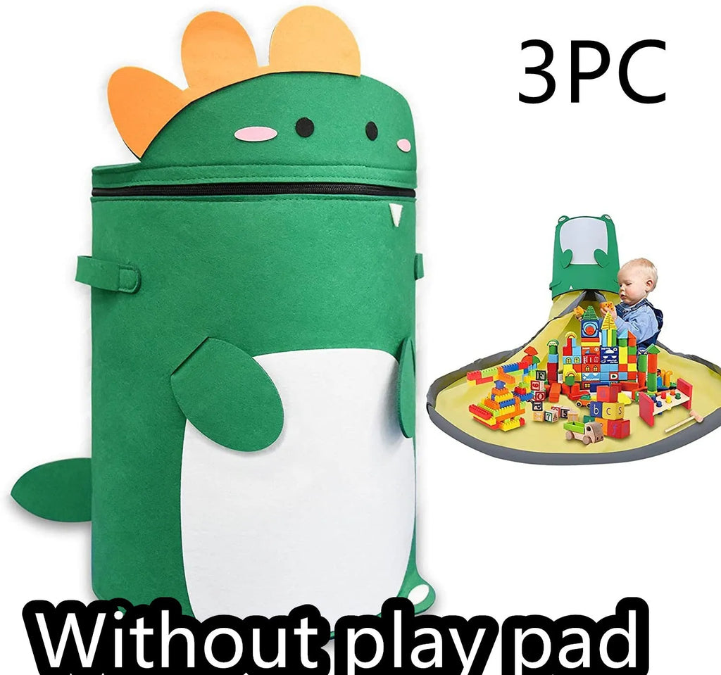 Green cube-shaped felt storage bag with pull rope, laid flat as a play mat.