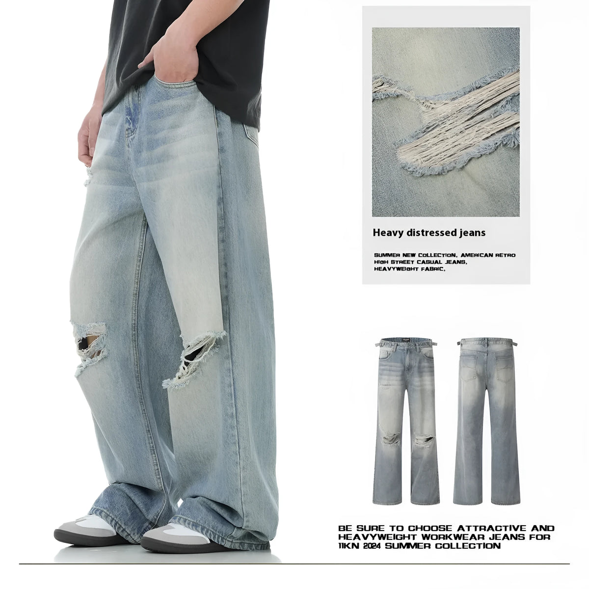 Blue men's straight-leg ripped jeans on a plain background showing cotton blend fabric and zipper fly.