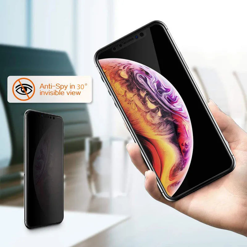 Black anti-peeping tempered glass screen protector for iPhone showing privacy filter effect