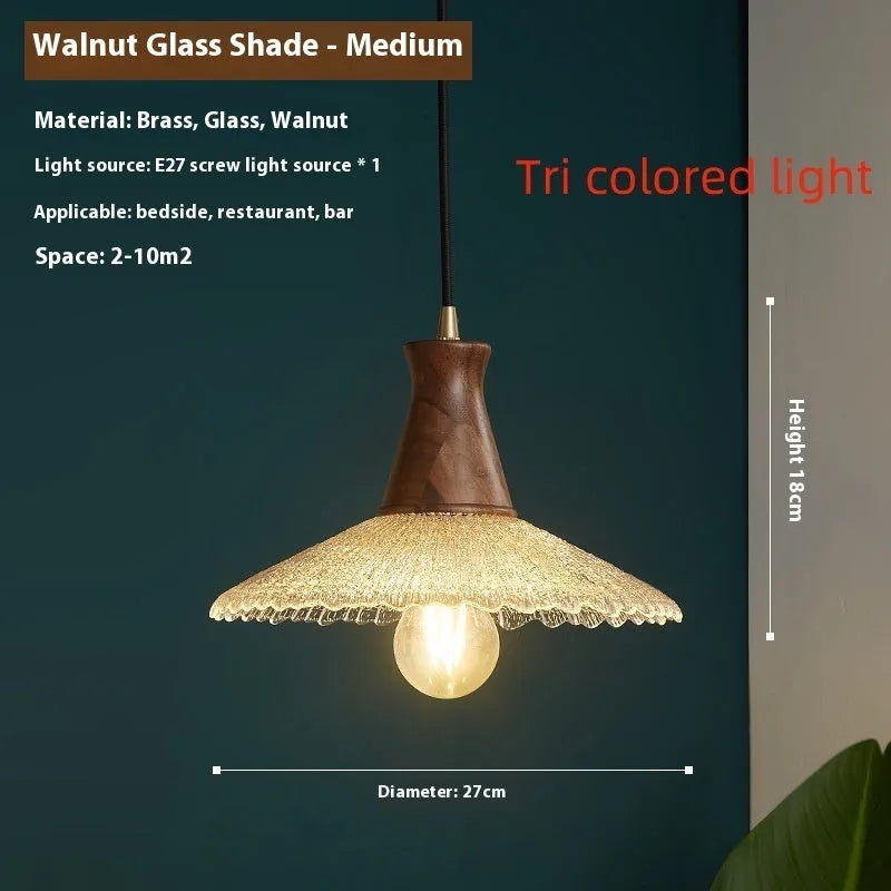 Woodcraft brass and glass ceiling chandelier for restaurant lighting in three available sizes.