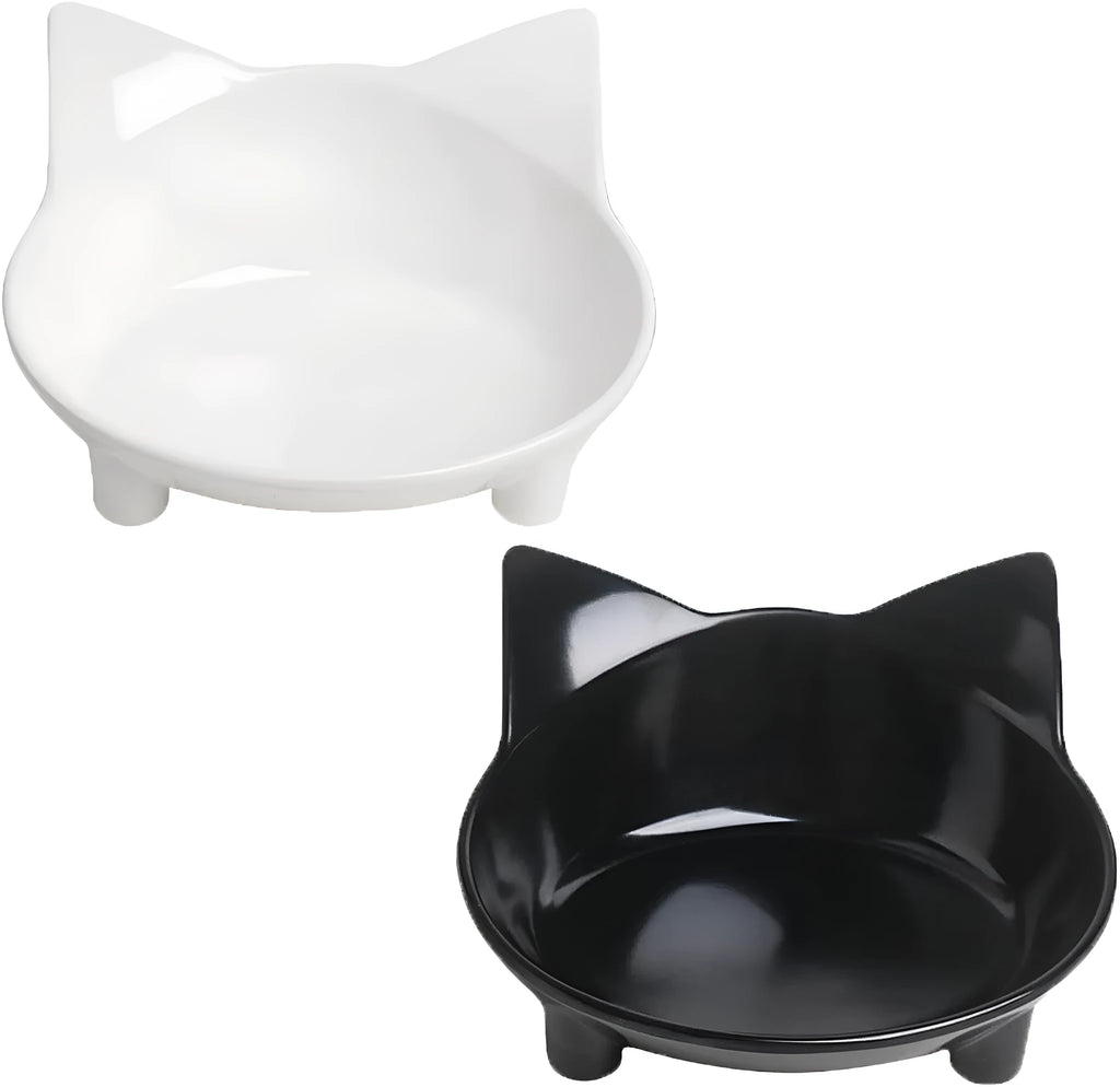 Shallow black melamine pet bowl with a non-slip rubber base on a kitchen floor.