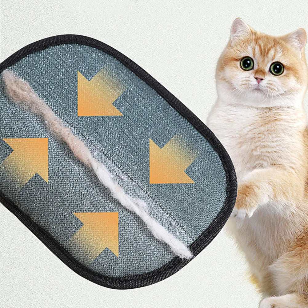 Black pet hair removal glove with silicone bristles on a hand, grooming a dog.