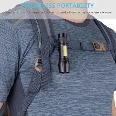 Small black aluminium telescopic LED torch with pocket clip shown extended and retracted.