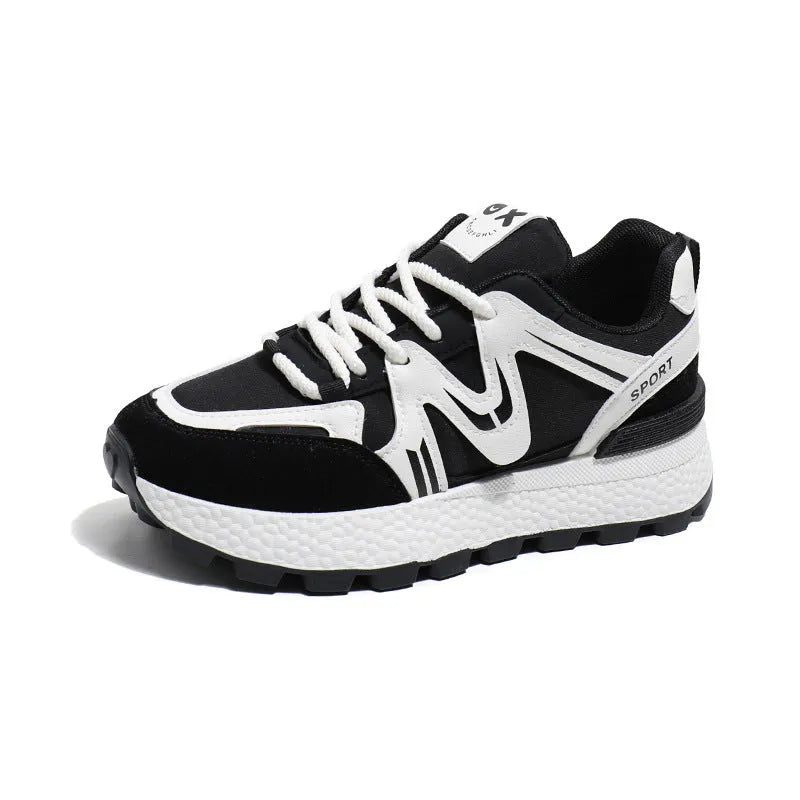 Women's platform casual shoes in black with round toe, lace-up front and flat heel