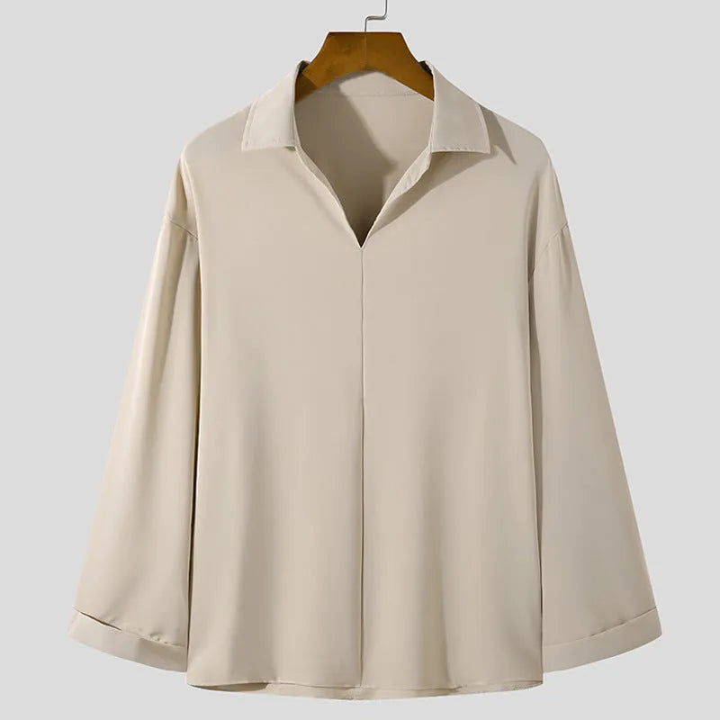Men's loose lapels casual business shirt in polyester blend fabric with long sleeves and non-ironing finish