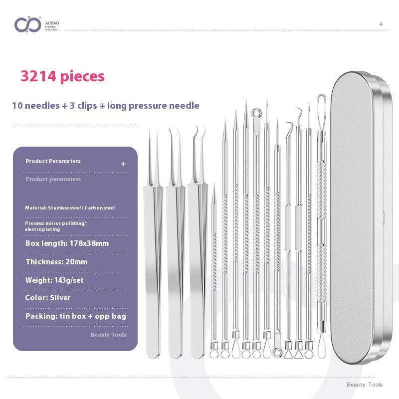 Four silver metal acne needles with ultra-fine pointed tips for blackhead extraction.