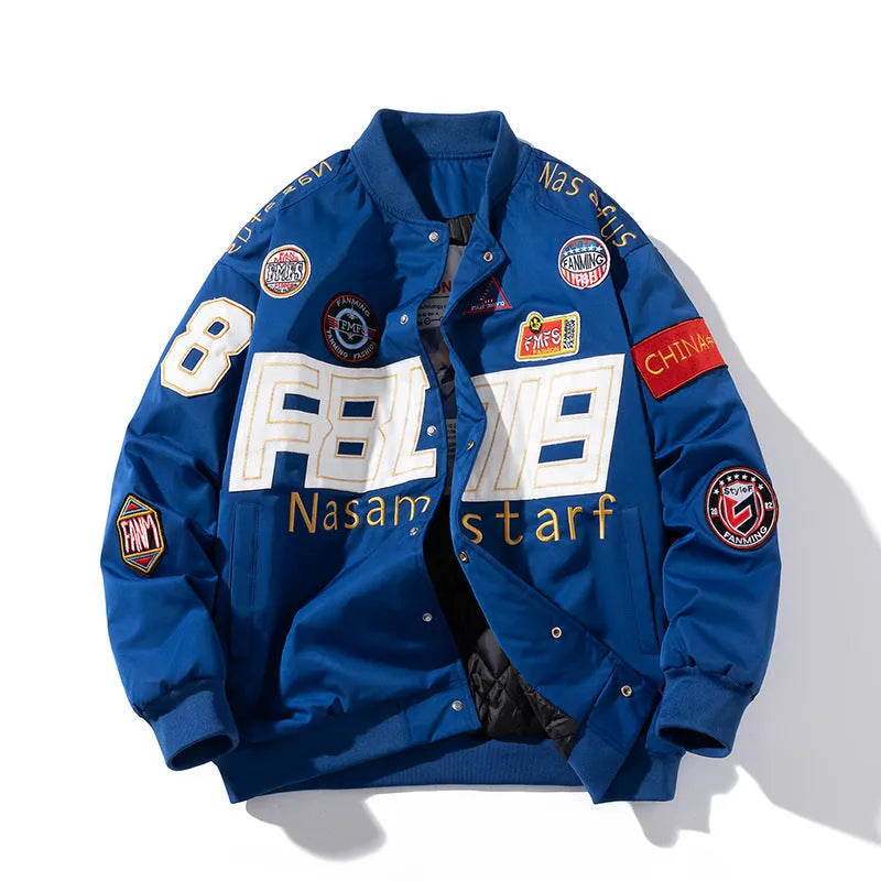 American motorcycle baseball uniform jacket in loose fit with detachable hood option