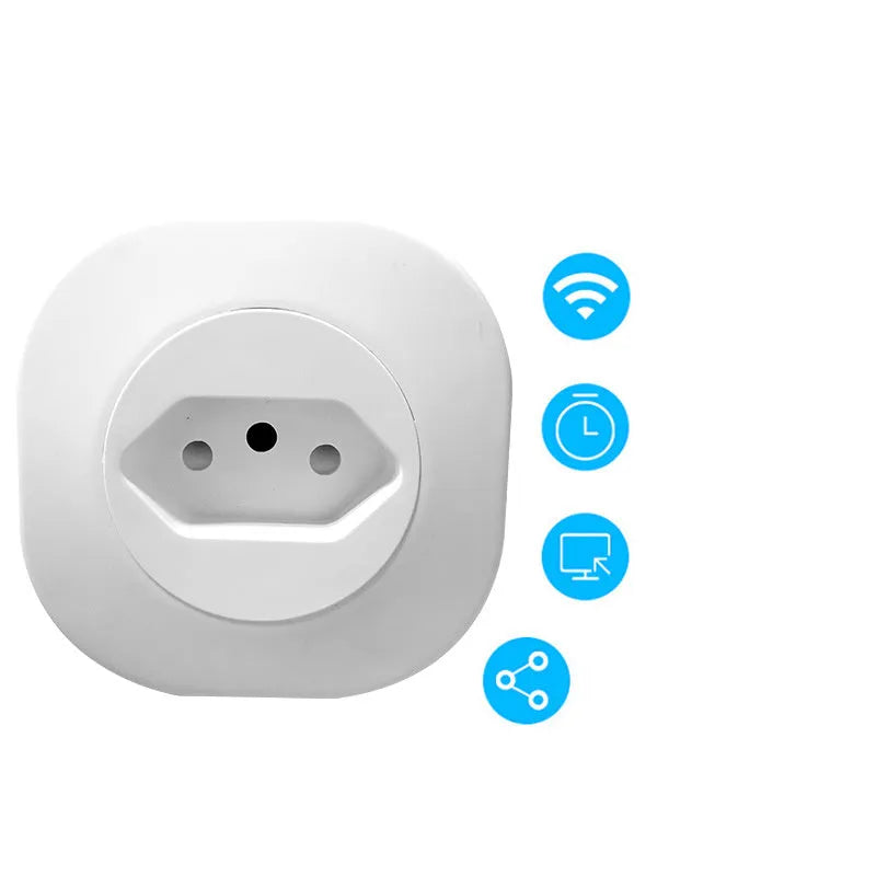 A white smart socket plug with EU-style pins, showing WIFI and voice control symbols on its face.