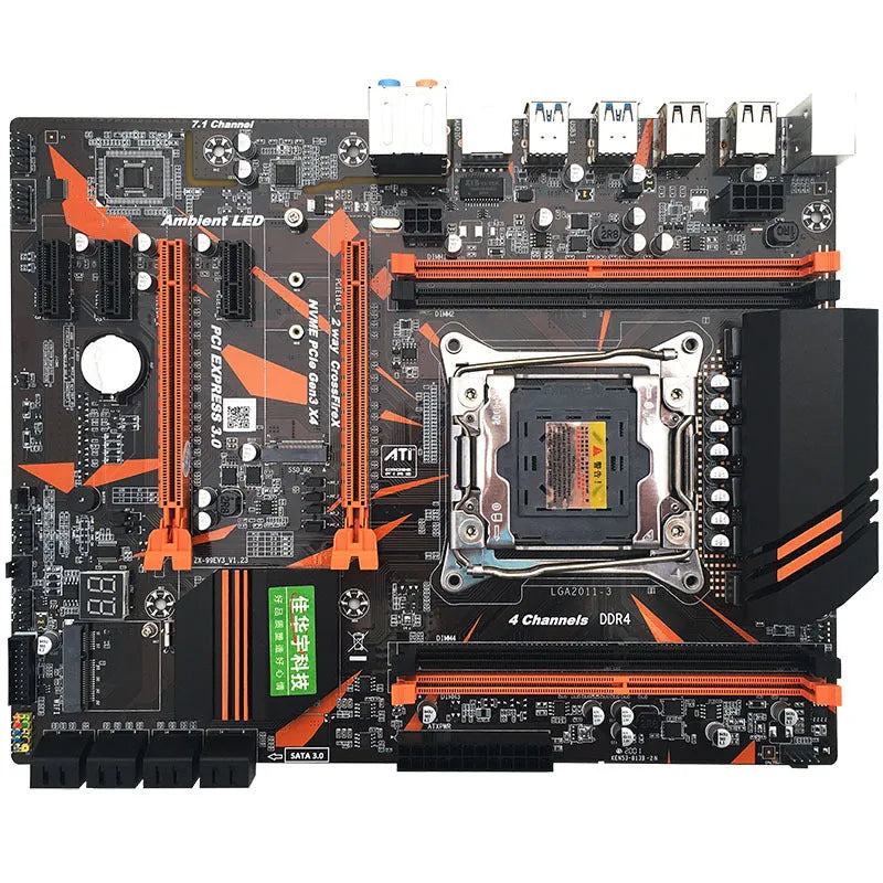 X99 series computer motherboard with LGA 2011-3 CPU socket, four black DDR4 memory slots, and dual PCI-E x16 slots.