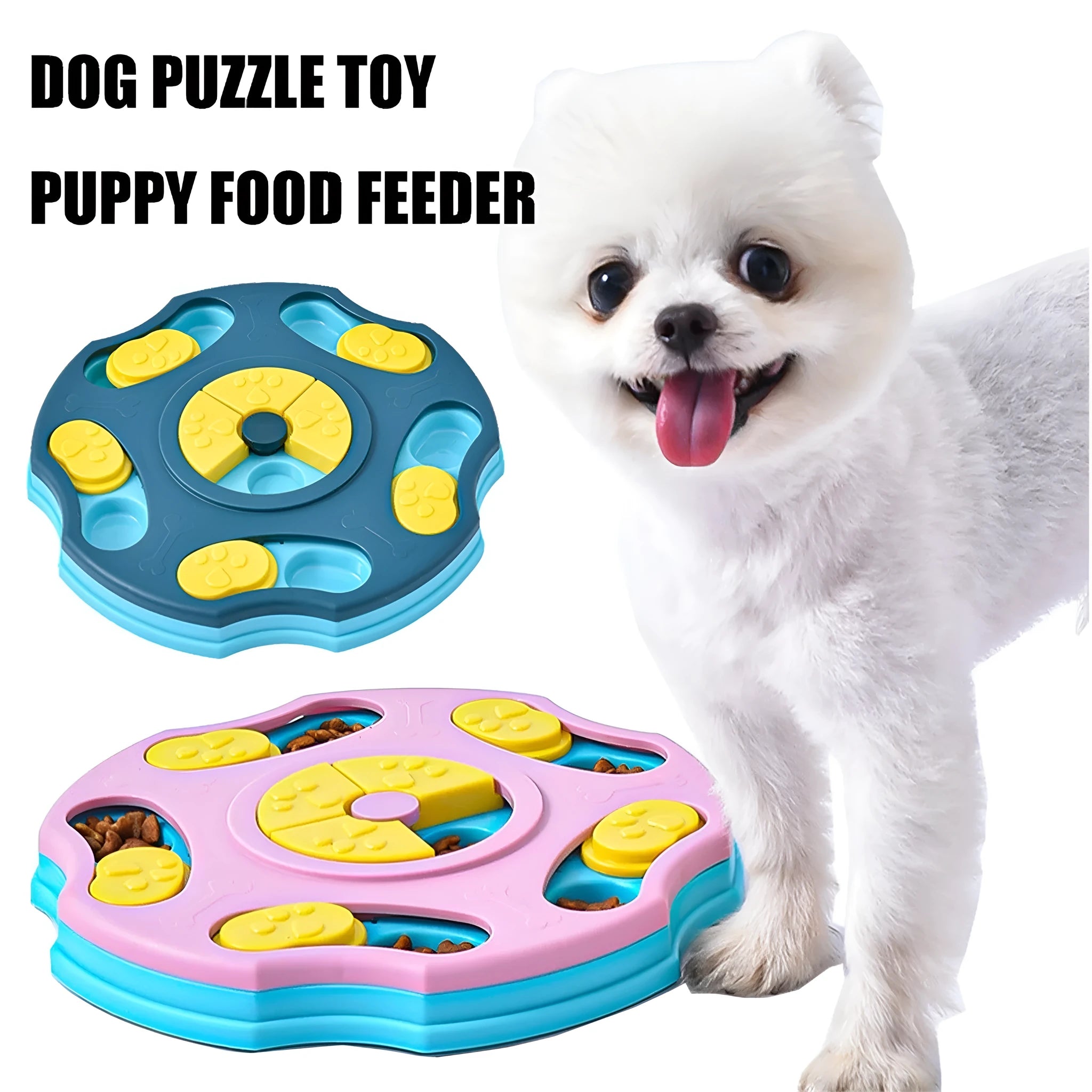 Blue and pink dog puzzle toy bowl for interactive feeding games and aggressive chewers