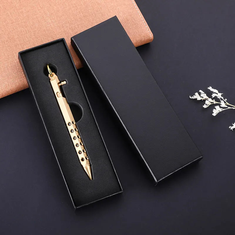 Brass hexagonal bolt roller pen showing six-angle construction with 0.5mm tip