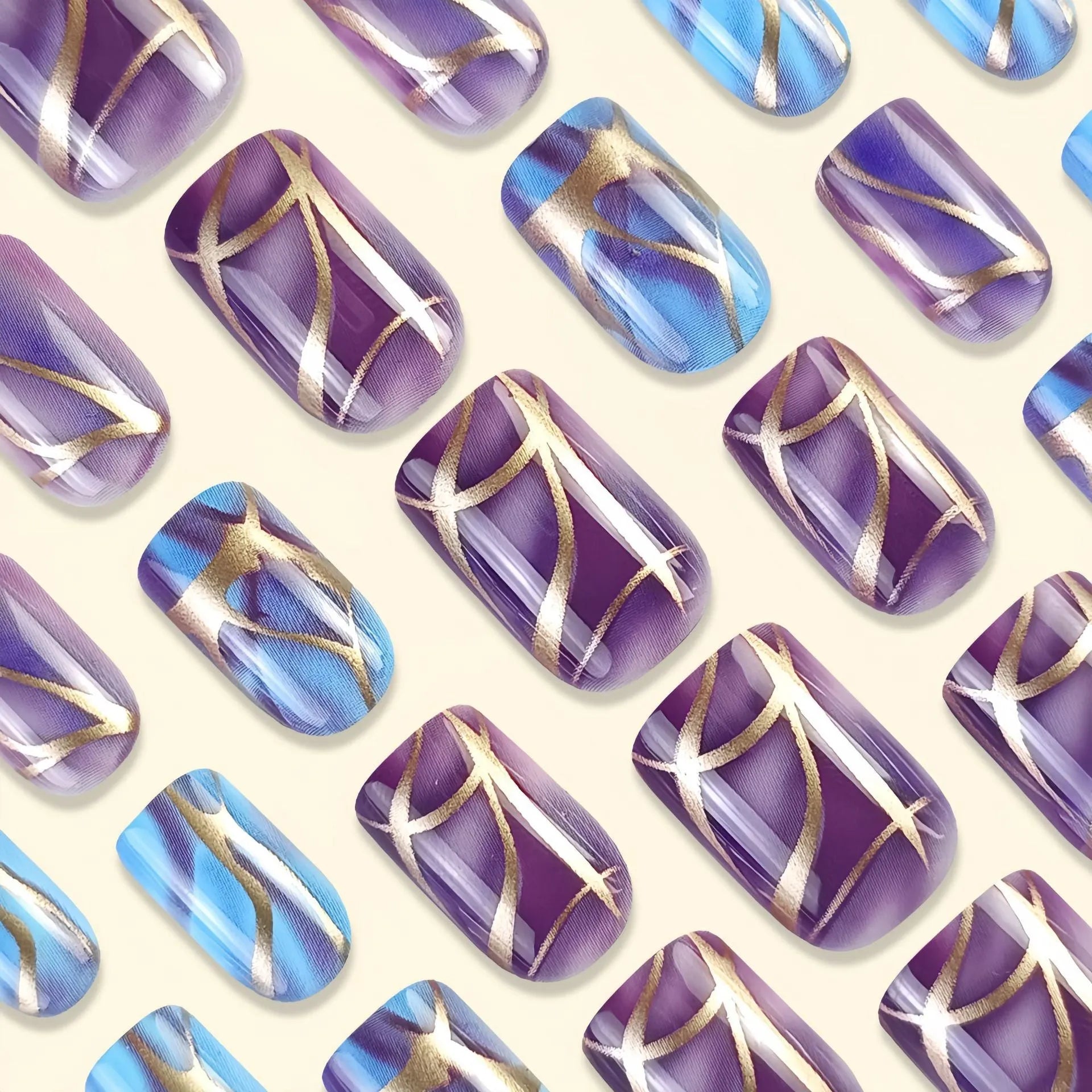 Mid-length nail stickers with purple stripes and glitter designs in European and American style