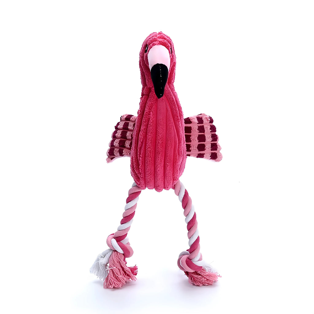 Pink animal-shaped corduroy plush dog toy with squeaker on a white background