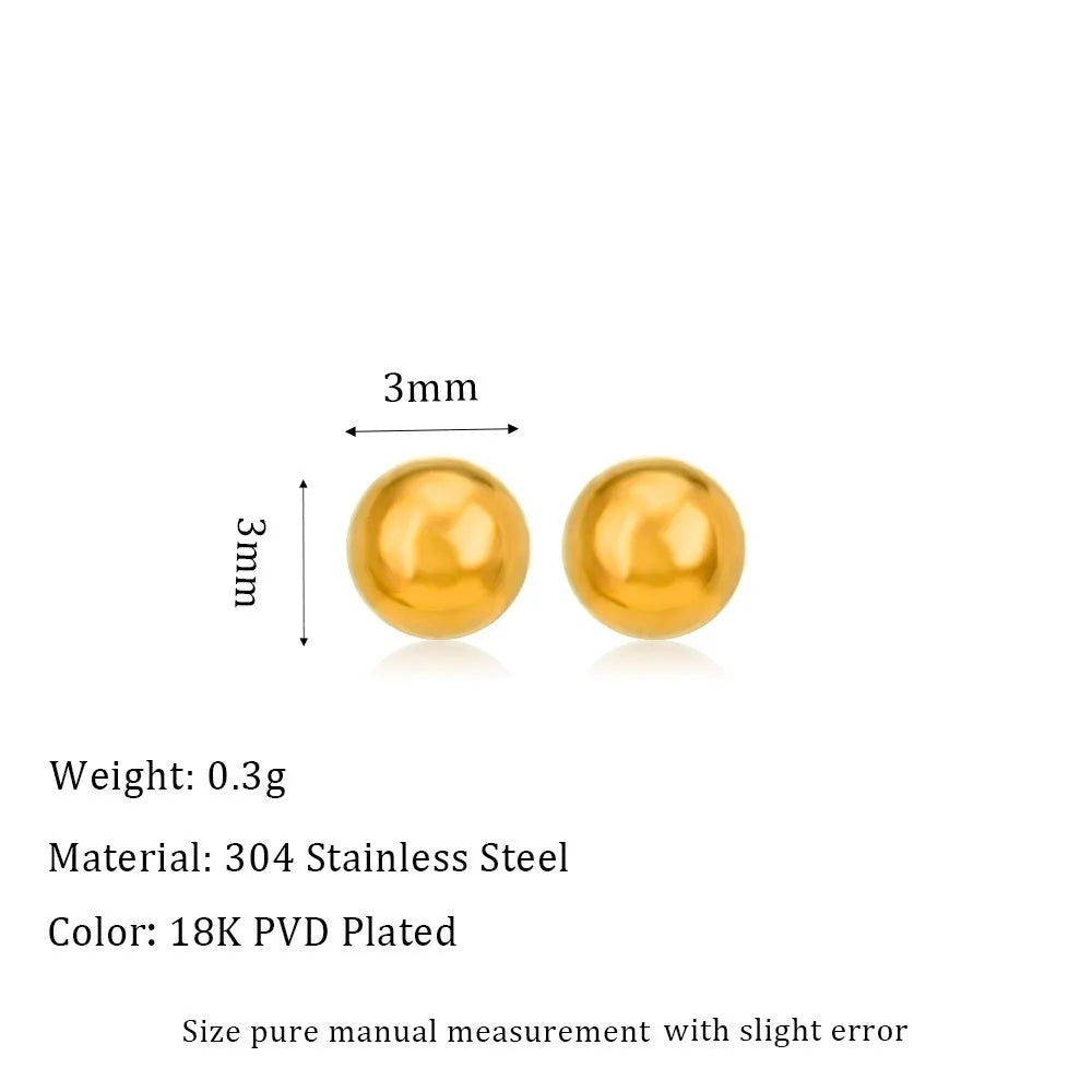 Gold and silver spherical ball stud earrings in 3mm, 4mm, 5mm, and 6mm sizes on a plain background.