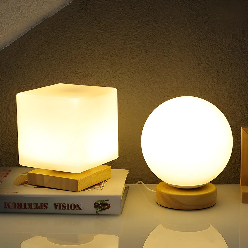 Nordic solid wood USB table lamp showing touch dimming and available shape options including cube and cylinder designs.