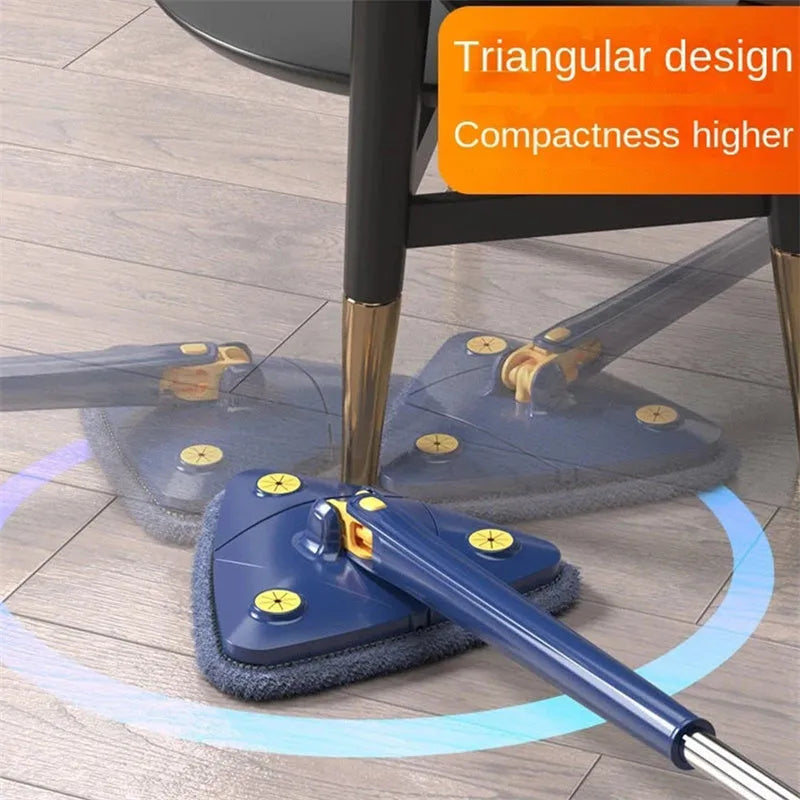 Blue extendable triangle cleaning mop with rotating head and long stainless steel pole on a tiled floor.