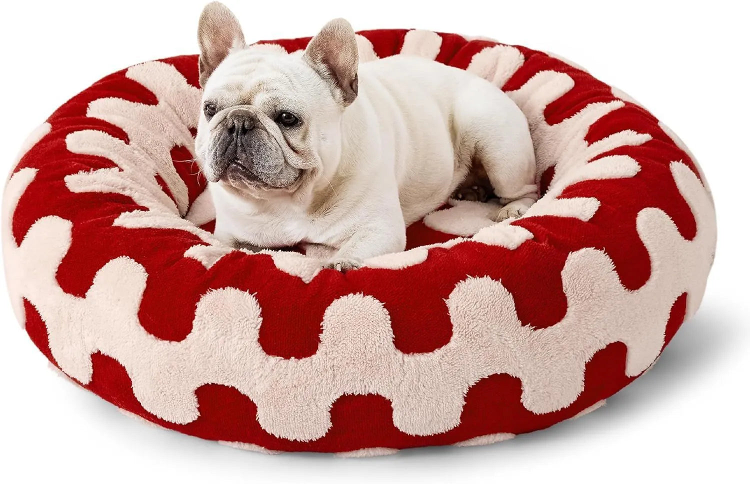 Round plastic dog bed with plaid cushion available in multiple colours and four size options