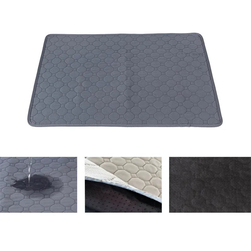 Two neutral coloured washable dog pee pads showing grey and tan options in different sizes