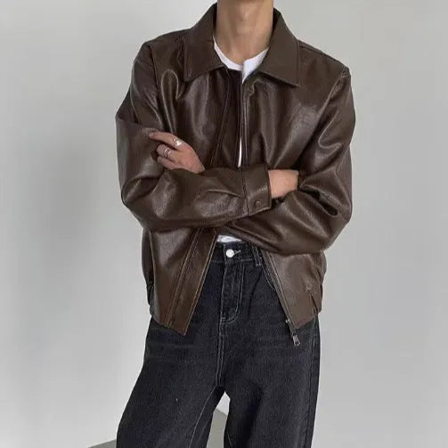 Brown Korean-style casual hip-hop jacket with PU leather outer, polyester lining and straight hem