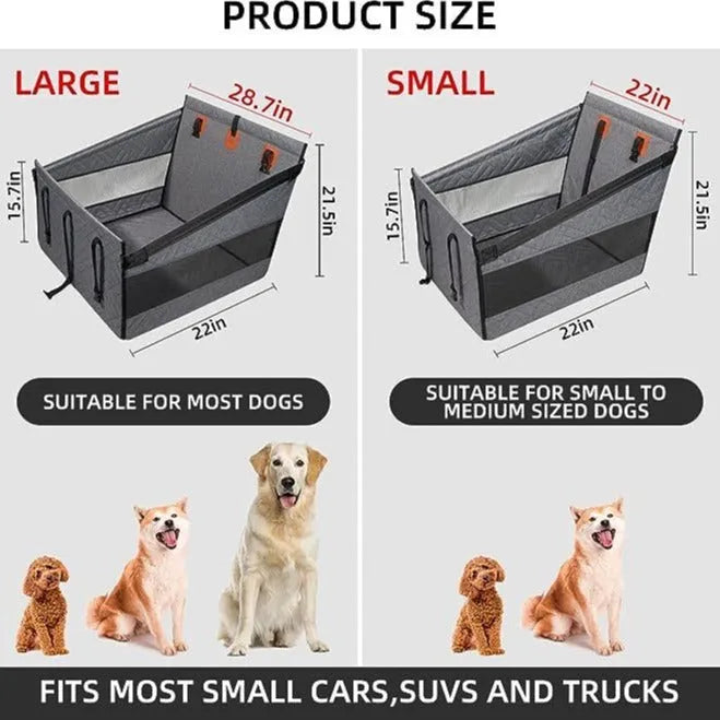Grey rectangular cloth dog bed with raised sides measuring 56cm by 56cm.