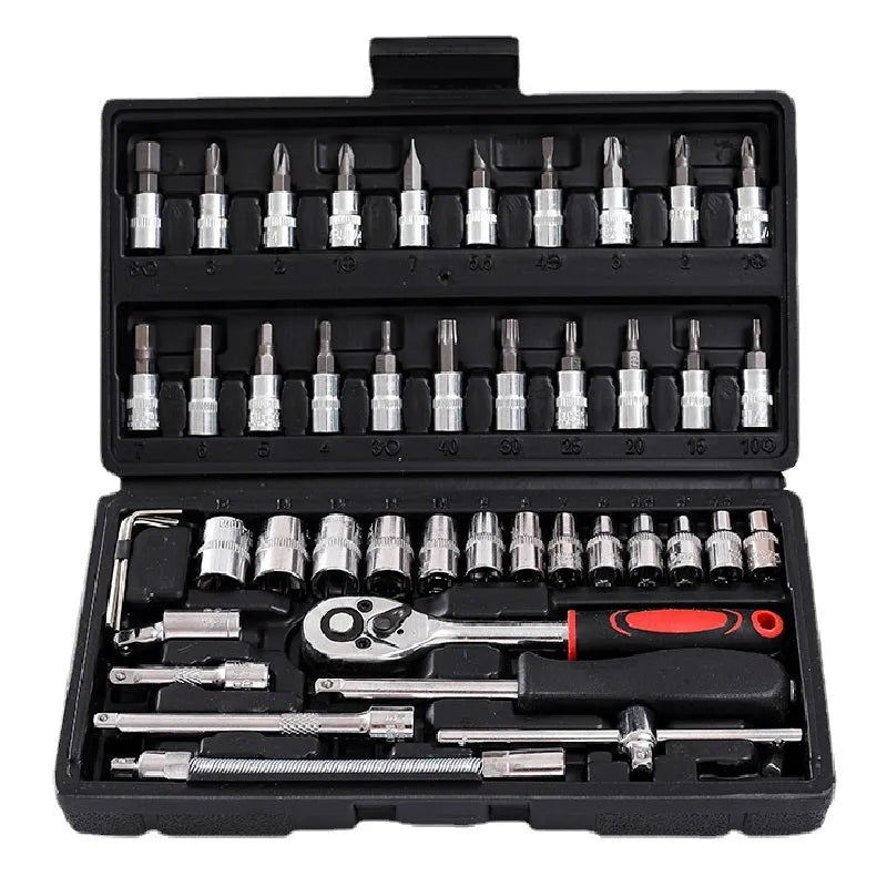 Chromium vanadium steel socket ratchet wrench set for car and home repair.