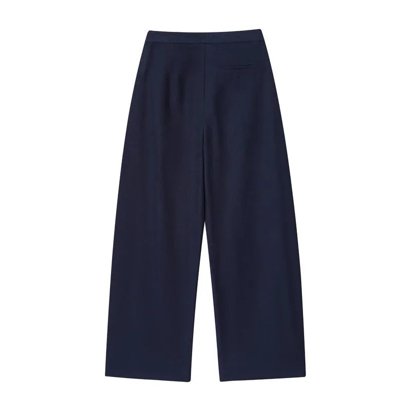 Women's linen-style shirt with flounced sleeves and matching wide-leg trousers in polyester blend fabric