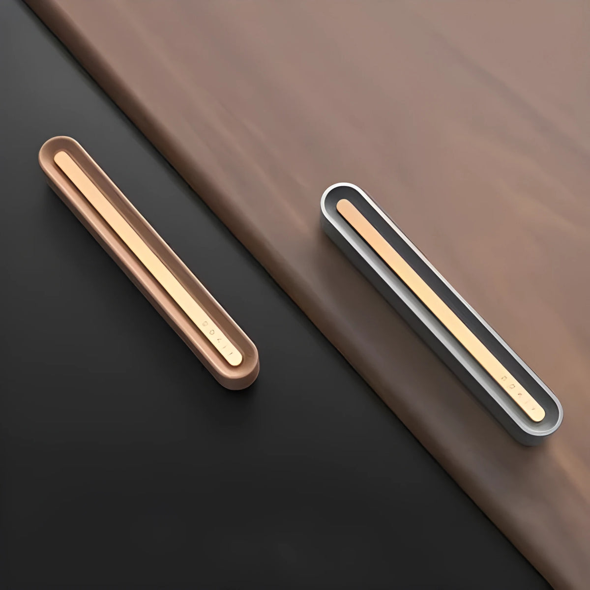 Long strip solid car aromatherapy ornament in vent, shown in walnut and metallic grey colours.
