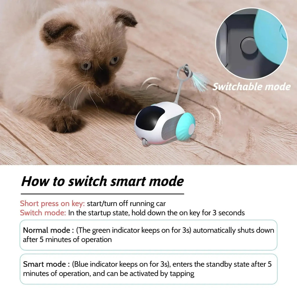 Blue smart cat toy car with feather teaser attachment and remote control unit on floor