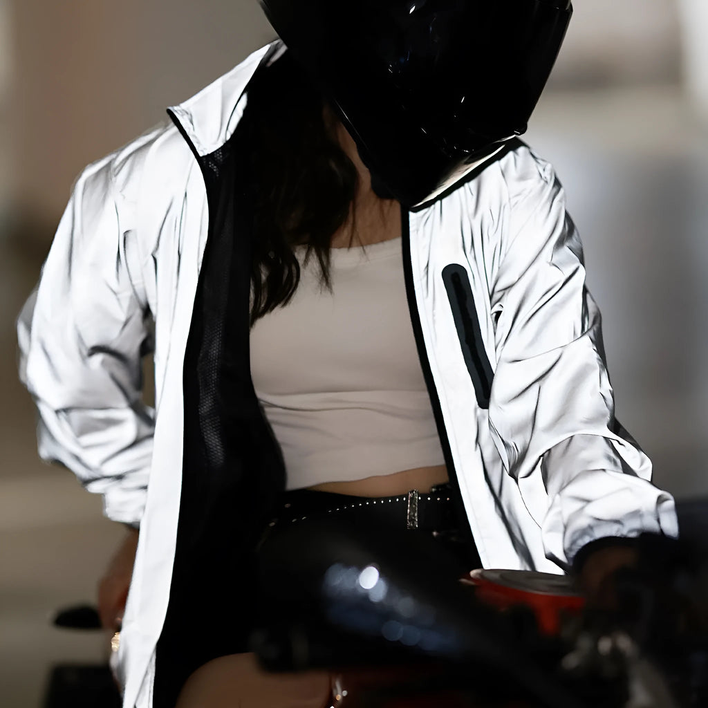 Silver waterproof polyester jacket with long sleeves shown in European sizes from S to 3XL