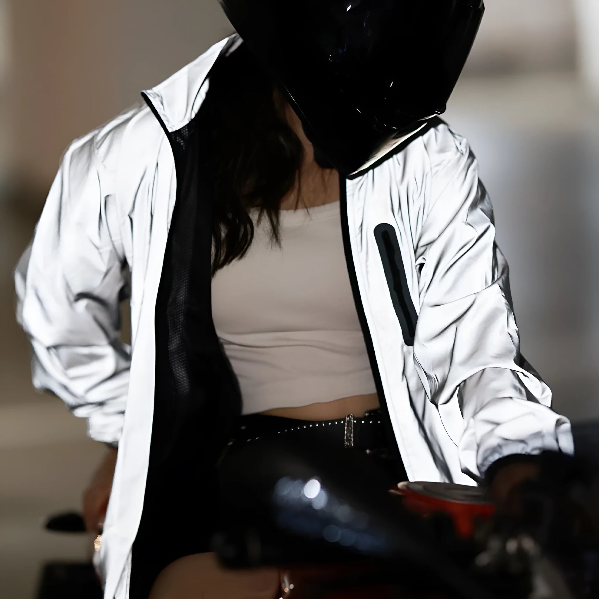 Silver waterproof polyester jacket with long sleeves shown in European sizes from S to 3XL