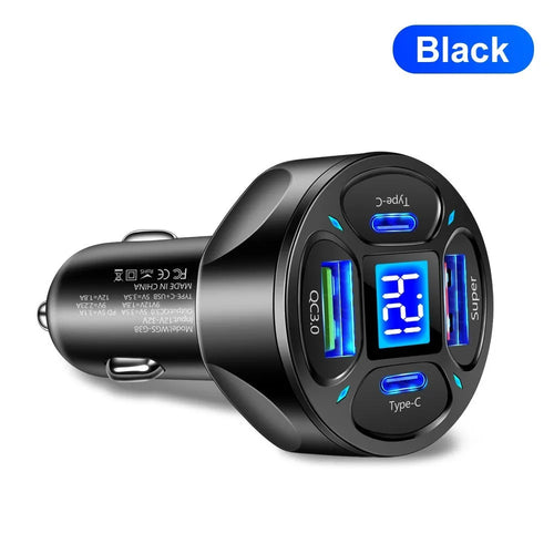 66W car charger with digital display showing two USB ports and two Type-C ports on a black PC casing.