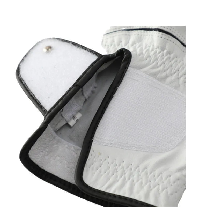 A single white half sheepskin leather golf glove for men, laid flat.