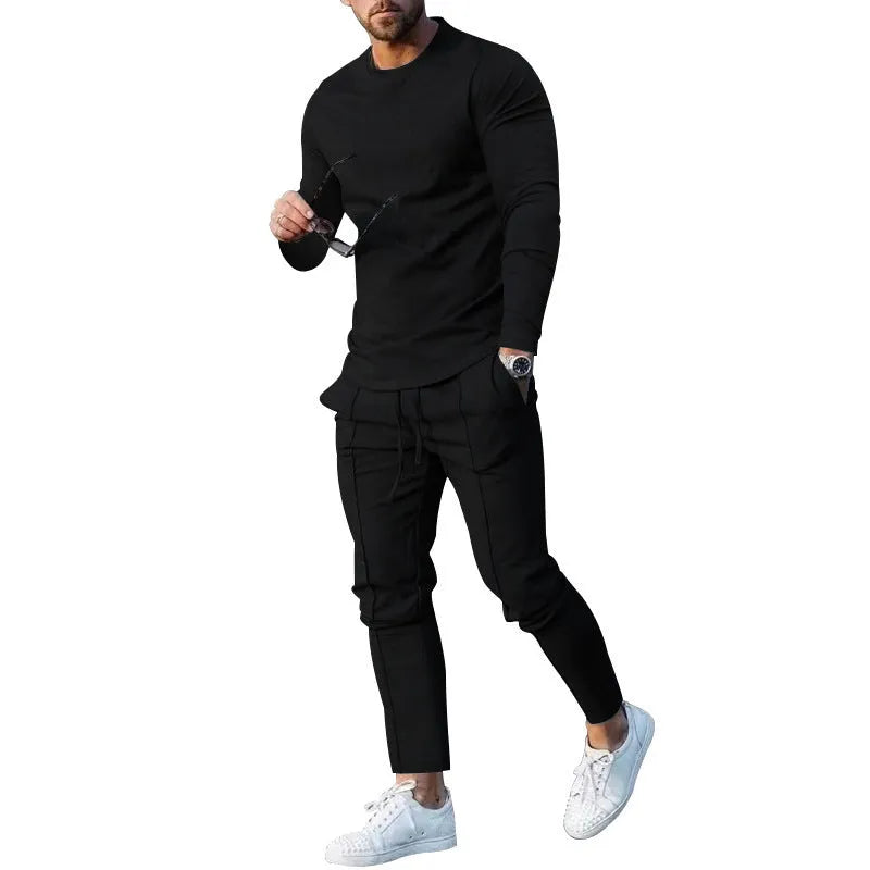Men's light grey two-piece casual suit with round neck long sleeve T-shirt and trousers