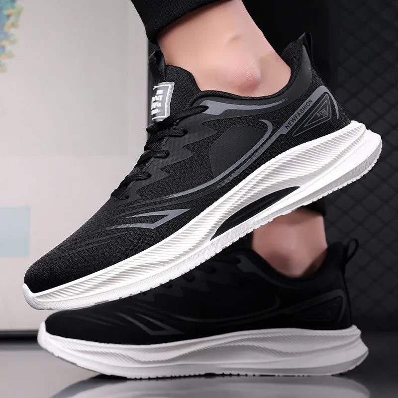 Men's black casual shoes with woven mesh upper and rubber sole, low-top summer design