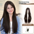 Full-head forehead lace wig in mid-length natural black straight style with styling accessories