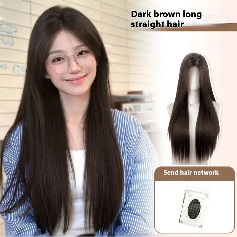 Full-head forehead lace wig in mid-length natural black straight style with styling accessories