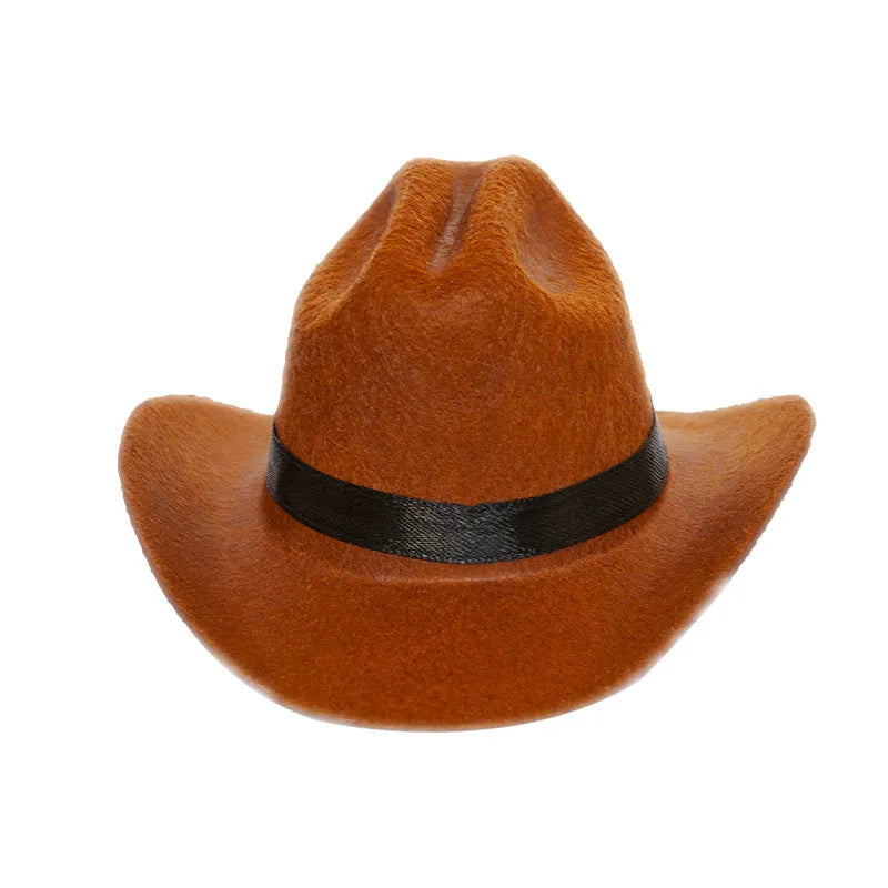 British-style brown cowboy hat for a cat on a mannequin head.