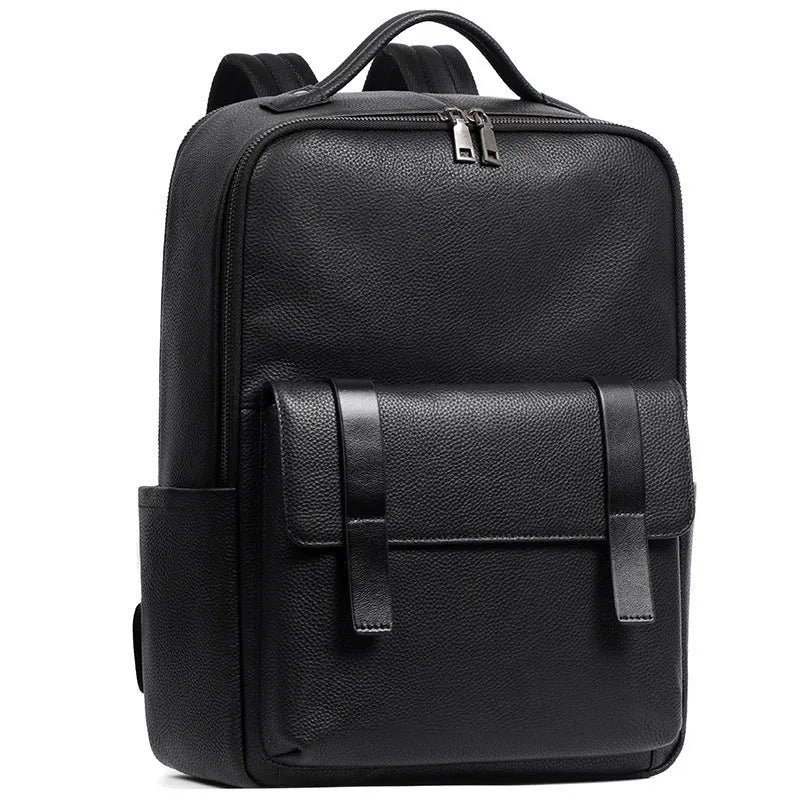 Large black genuine leather men's backpack with woven detail and a curved back panel.