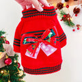 Red and green dog Christmas jumpers showing festive knit design for small to large pets.