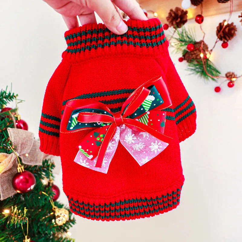Red and green dog Christmas jumpers showing festive knit design for small to large pets.