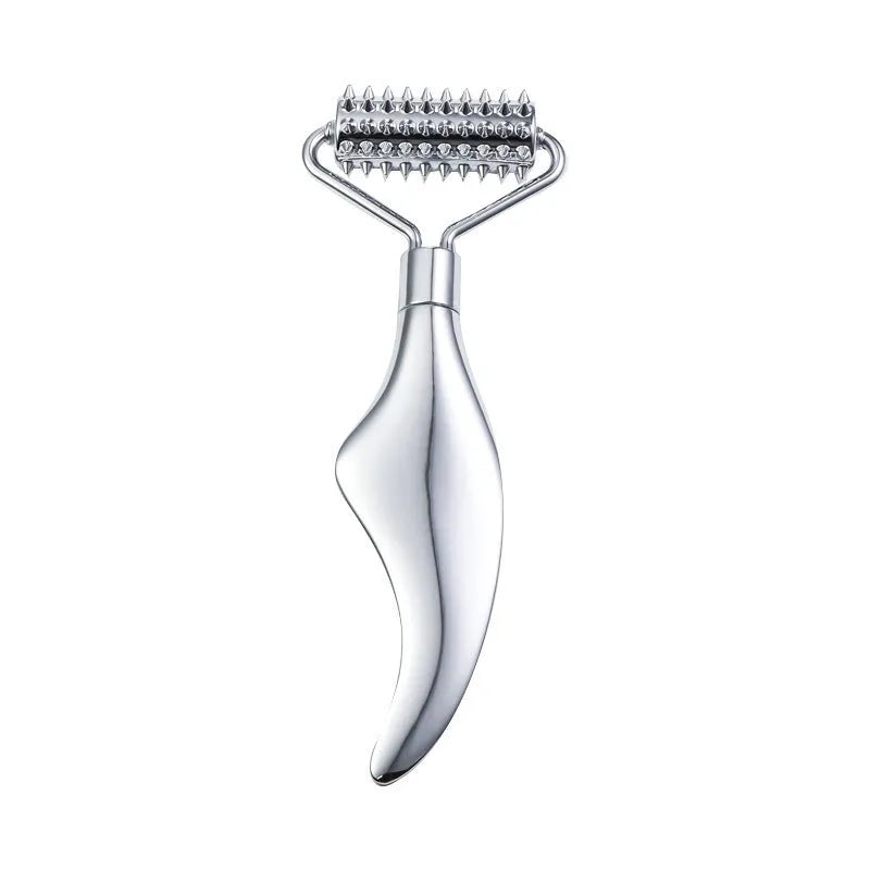 Stainless steel double-headed facial roller and gua sha scraping plate set with heart-shaped eye tool.