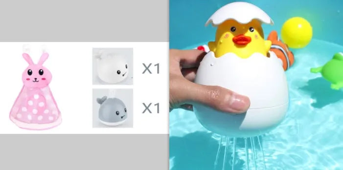 Whale-shaped electric bath toy spraying water with coloured LED lights, shown with base unit on blue background