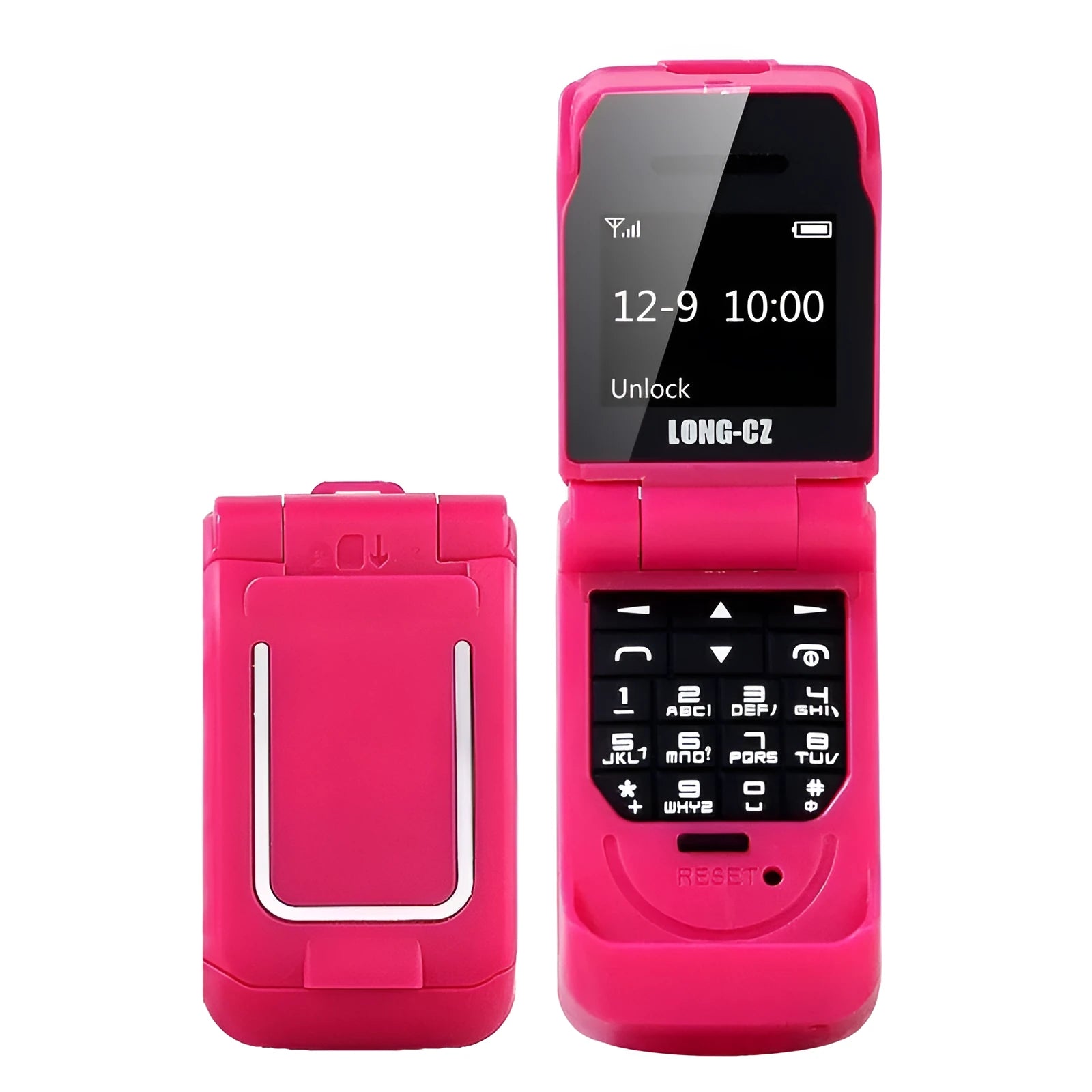 A closed mini flip phone in rose red, showing its compact clamshell design.