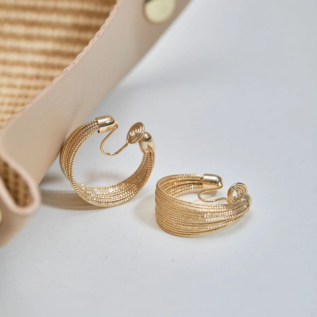 Multi-layer geometric copper earrings set with gold and silver electroplated stud and clip earring pairs