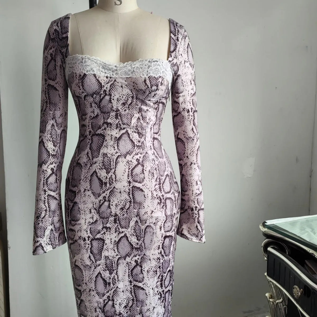 Grey digital printed lace dress with 3D pattern, A-line skirt and long sleeves