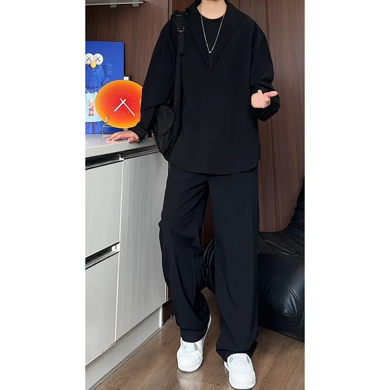 Men's casual long sleeve polo shirt and trousers two-piece set in slim fit
